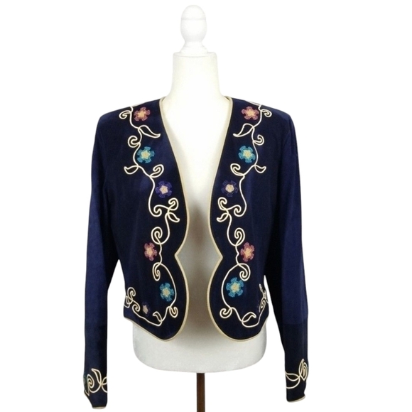 Frontier Collection Jacket Blue Suede Floral Beaded Open Front Women's Size M - Picture 1 of 8